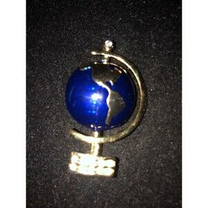 Vintage Goldplated World Globe Pin Blue Enamel & Rhinestones